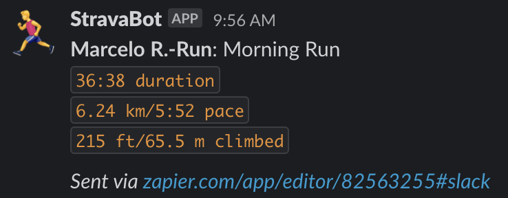 screenshot of slack message with Strava run details